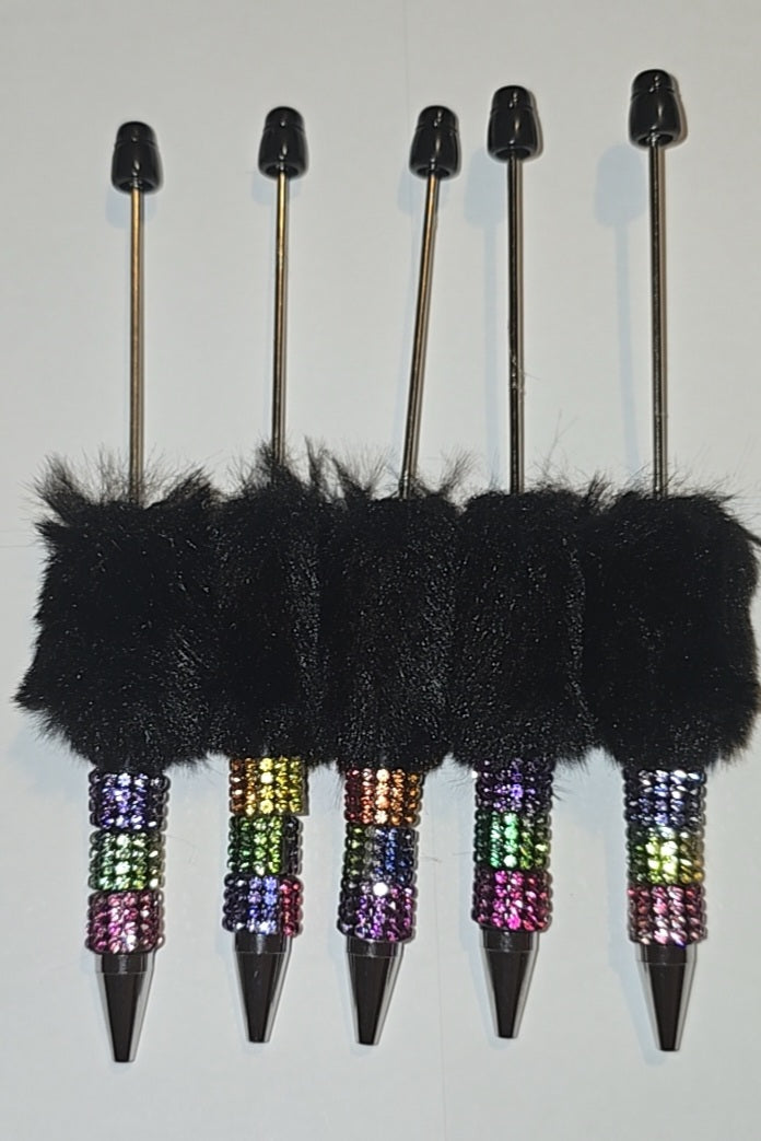 Black fluffy bling rainbow beadable pens