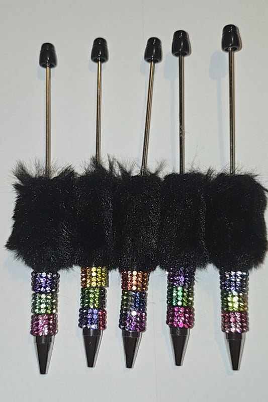 Black fluffy bling rainbow beadable pens
